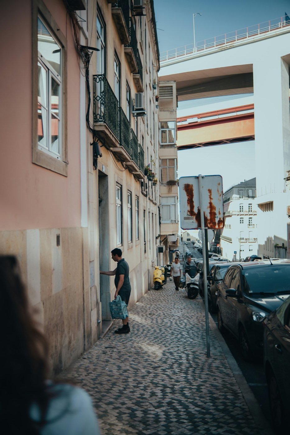Rua residencial portuguesa com árvores e carros estacionados